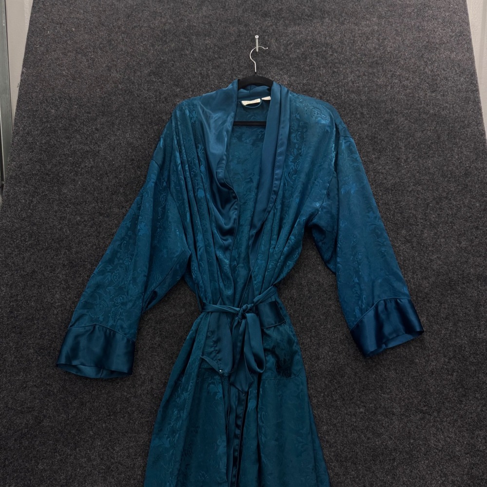 Vintage Victorias Secret Gold Label Teal Floral Damask Satin Robe ML Wrap Belted